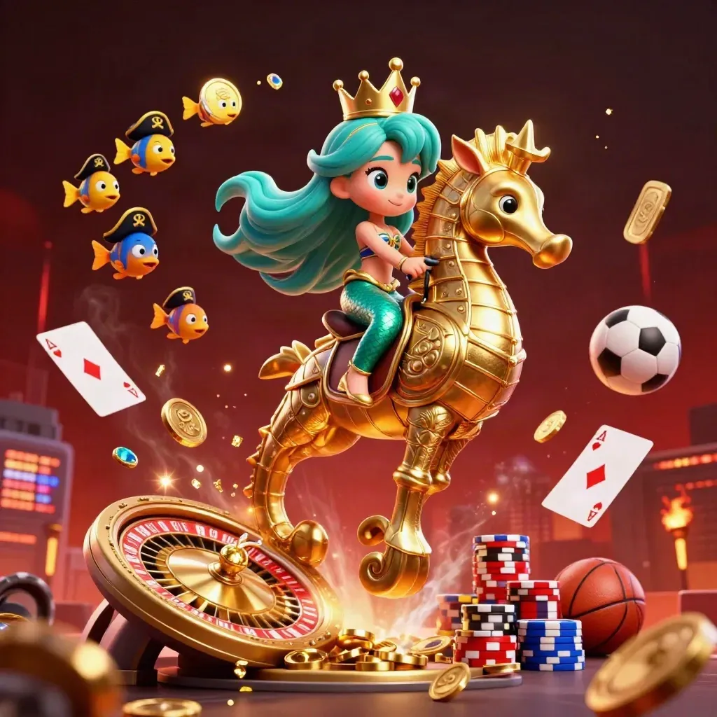 Meerjungfrauenprinzessin auf goldener Seepferdchen-Rüstung, Münzen und Casino-Glanz im Dunkelrot.