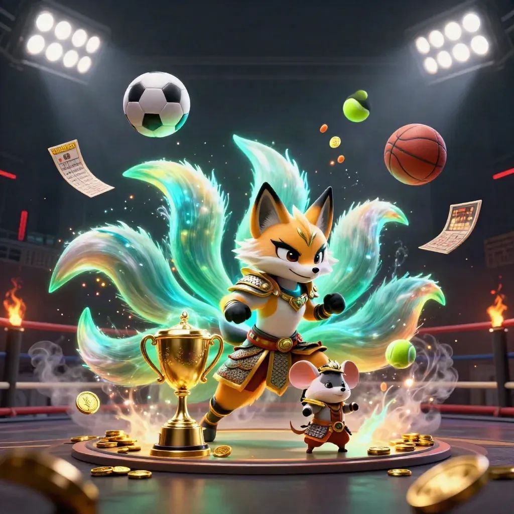 Leuchtender Fuchsgeist und Samurai-Maus vor Sportbällen, Goldmünzen und Stadionlicht