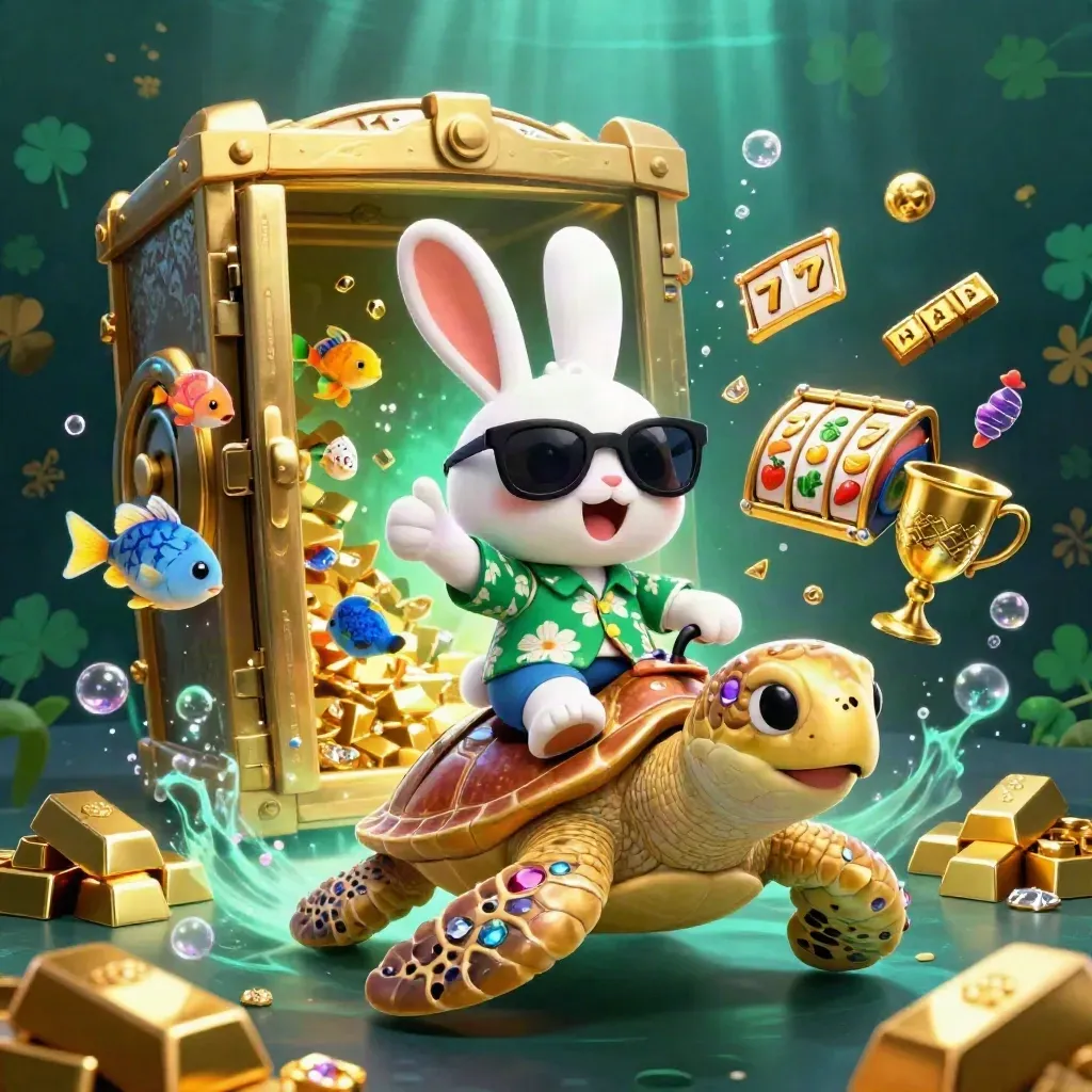 Hase in Sonnenbrille reitet auf goldener Schildkröte, umgeben von Schätzen und Neonlicht.