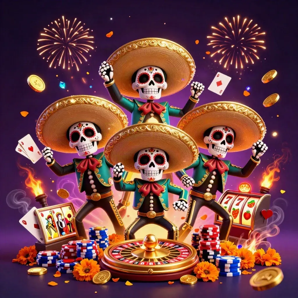 Drei Skelett-Mariachis wirbeln Münzen, Roulette, Karten und Chips vor einem dunklen Gold-Vault.