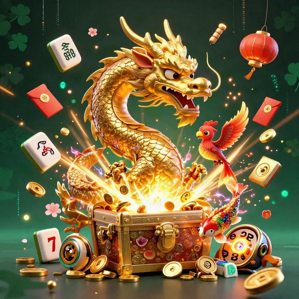 Goldener Drache, Phönix und Koi vor Schatz und Glückssymbolen im Casino-Stil.