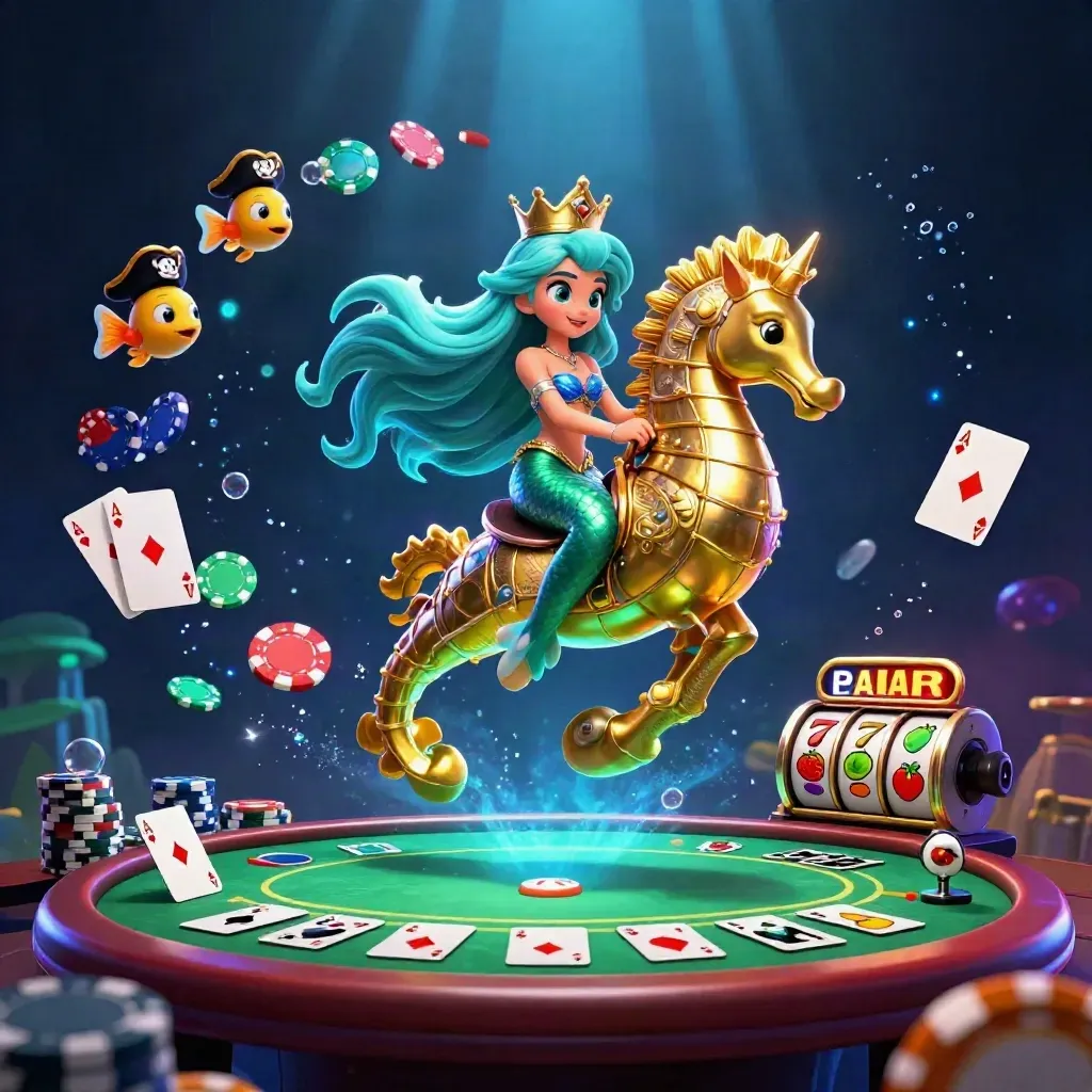 Meerjungfrau auf goldenem Seepferdchen, Fische mit Piratenhüten, Pokerchips und Slot-Glanz im Dunkeln.